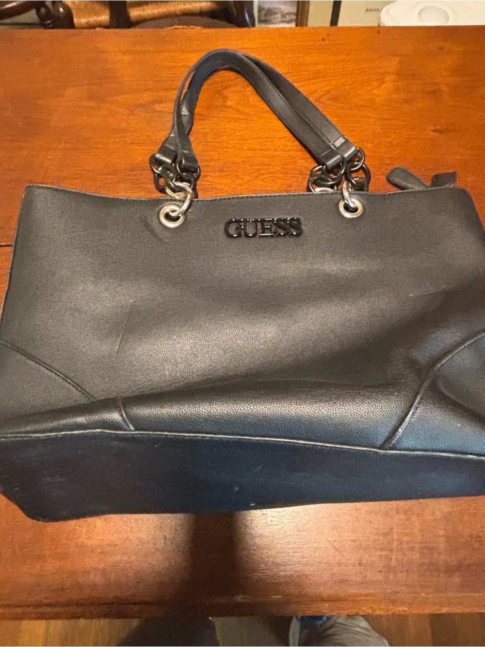 GUESS Black Leather-Look Tote with Silver Hardware